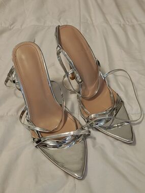 Silver Strappy Pointed-Toe Women’s Heels